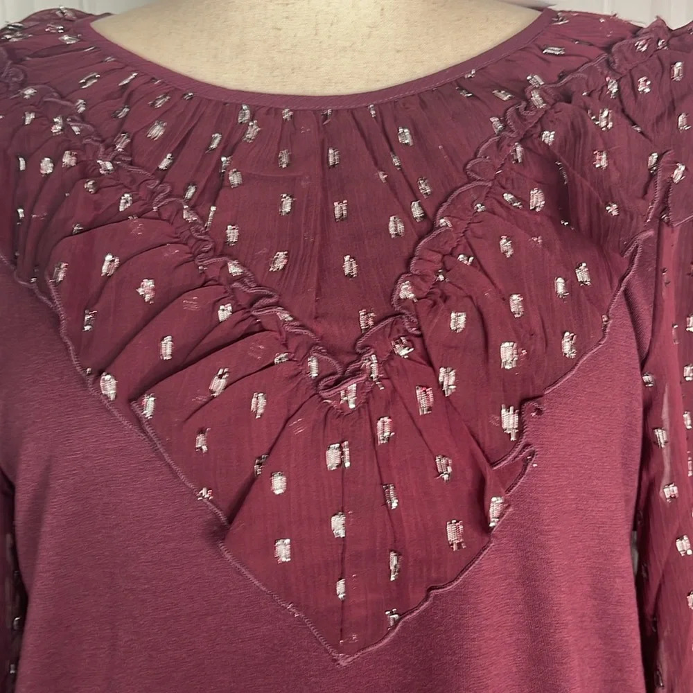LOFT Shimmer Dotted Ruffle Yoke Mixed Media Top Sz XXL/Crushed Blackberry - Picture 3 of 10